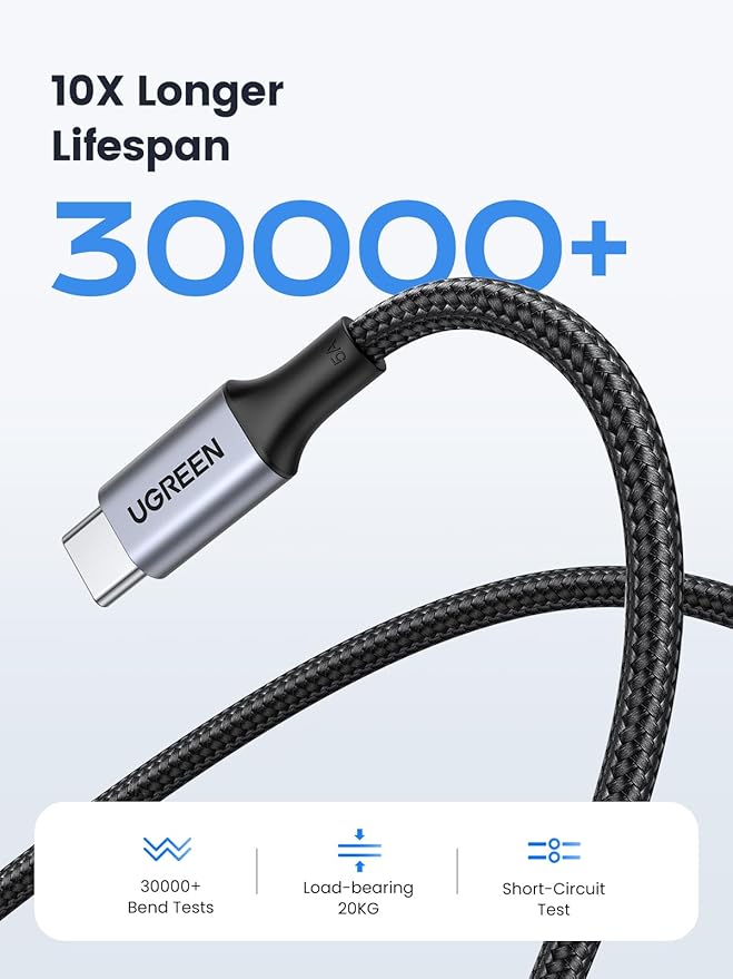 UGREEN 70427 USB-C to USB-C Braided Cable USB Type C 100W Power Delivery PD Charging Cord – 1M – Black - Image 2