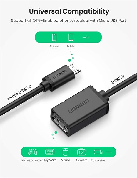 UGREEN 10396 MICRO USB MALE TO USB-A F/M OTG CABLE 15CM - Image 2