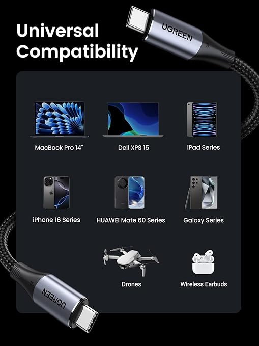 UGREEN 80150 USB-C 3.2 M/M GEN2 240W CABLE BRAIDED 1M 4K@60HZ BLK 1M - Image 2