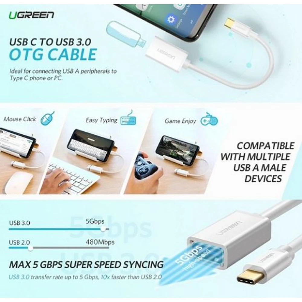 UGREEN 30702 USB-C MALE TO USB 3.0A F/M CABLE ( WHITE ) - Image 2