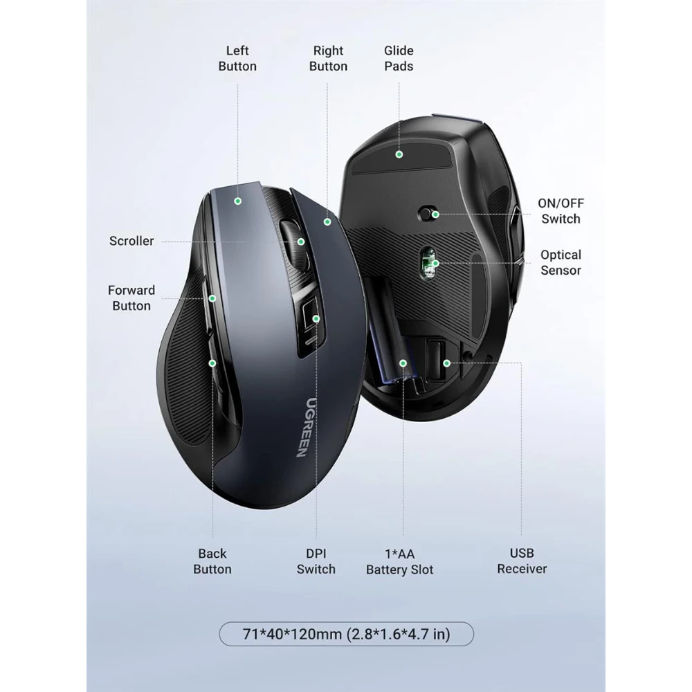 UGREEN 90855 ERGONOMIC WIRELESS 2.4G And BLUETOOTH MOUSE - Image 7