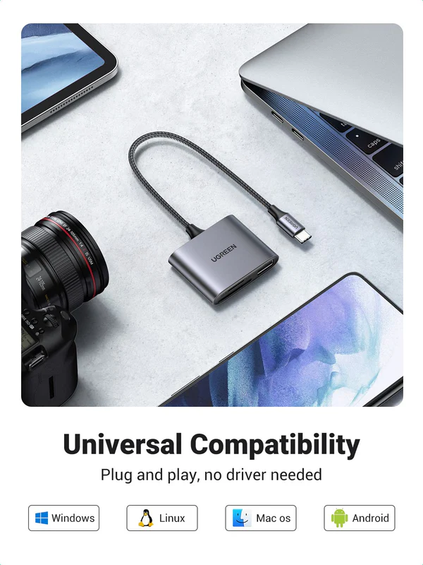 UGREEN 80798 3-in-1 USB-C to SD/TF + USB 2.0 Memory Card Reader - Image 4