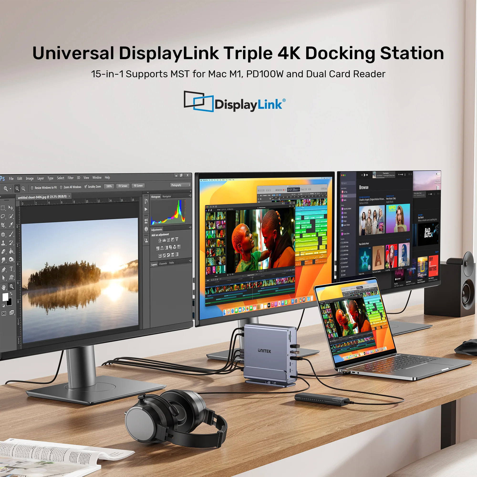 UNITEK D1135AGY01 UNIVERSAL DISPLAYLINK TRIPLE DISPLAY 4K@60HZ 15-IN-1 DOCKING STATION 360° - Image 4