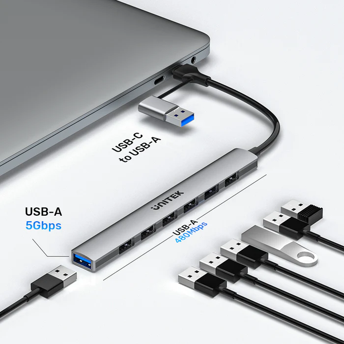 UNITEK H1209AGY01 uHUB S7 USB-C + USB-A TO 7-PORT USB HUB 5GBPS ALUMINIUM - Image 5
