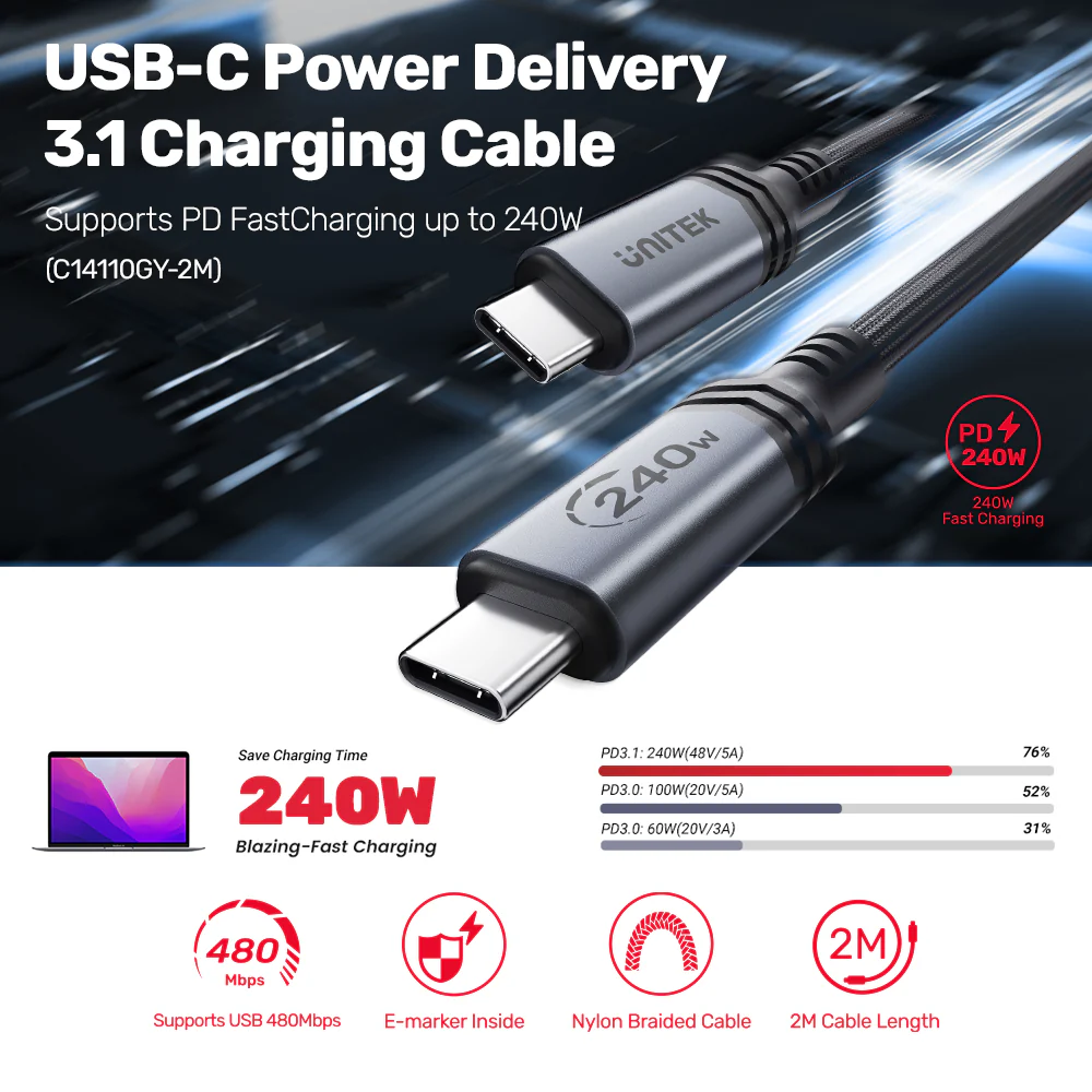 UNITEK C14110GY-2M USB-C TO USB-C PD 3.1 FAST CHARGING CABLE 2M 240W BRAIDED - Image 2