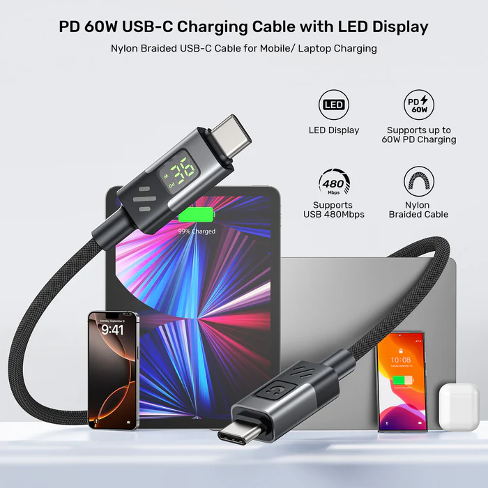 UNITEK C14158ABK01-2M USB-C TO C CHARGING CABLE WITH LED DISPLAY 60W 2M BRAIDED - Image 4