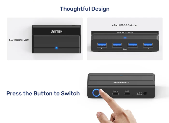 UNITEK H1310A 4-PORT USB 3.0 SWITCH BOX 2-USB-C PCS TO SHARE 4-USB-A 3.0 PORTS - Image 7