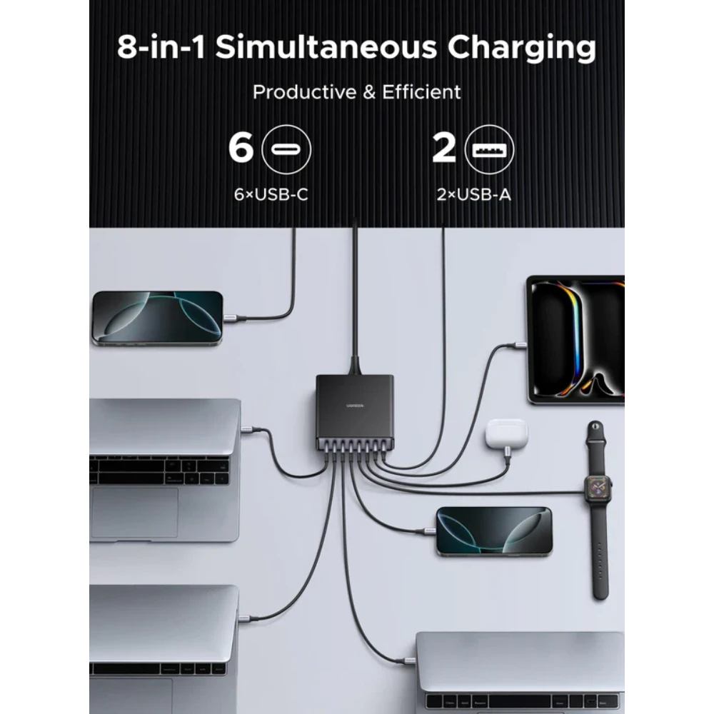 UGREEN 55763 EIGHT-PORT GAN 200W DESKTOP FAST CHARGER BLACK ( 6XC / 2XA ) - Image 3