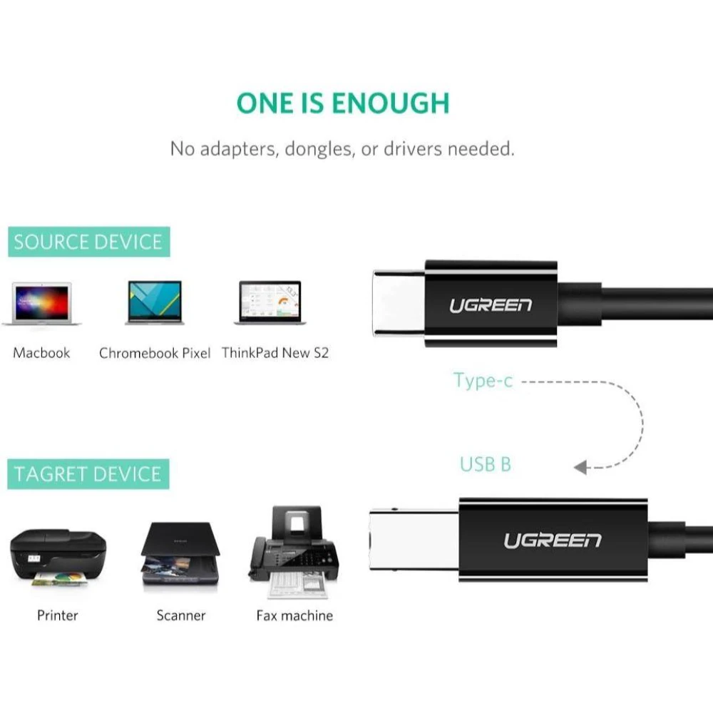 UGREEN 50446 USB Type C to Type B 2.0 PRINTER SCANNER CABLE 2M - Image 6
