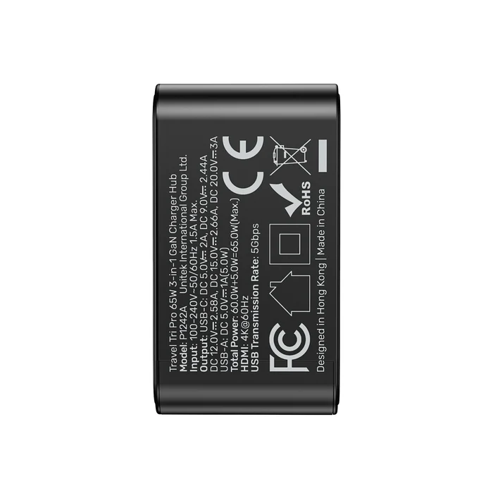 UNITEK P1242ABK01 Travel Tri Pro 65W 3-in-1 GaN Charger Hub 4K@60Hz HDMI USB-C 60W USB-A 5W Global Plugs - Image 5