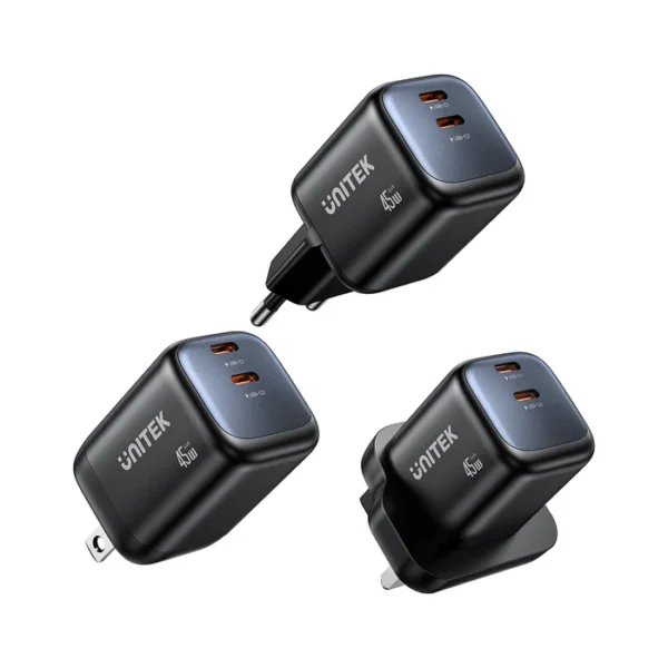 UNITEK P1129ABK01-EU ZENO 45W GaN Wall Charger Dual USB-C PD 3.0 QC4+ SFC2.0 EU Plug Black Fast Charging