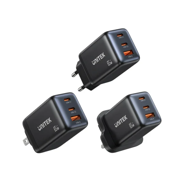 UNITEK P1130ABK01-EU ZENO 65W GaN Wall Charger 3-Port Dual USB-C USB-A PD3.0 SFC2.0 QC3.0 EU Plug Black