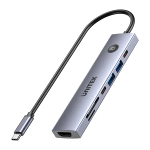 UNITEK H1124AGY01 uHUB S7 Pro 7-in-1 USB-C Hub 4K@60Hz HDMI 5Gbps Data 100W PD Dual Card Reader Screen On/Off Button